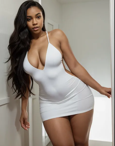 Mixed black ethnicity, curvy girl, long straight hair, sexy white dress, revealing dress, sexy pose, big hips, small waist