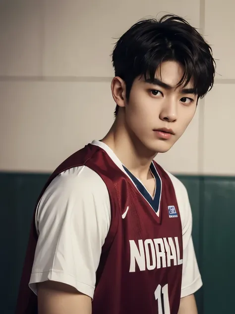 best quality,masterpiece,highres,1boy,male focus,solo,upper body,looking at viewer, A man is playing basketball wearing a basketball shirt purple , burgundy hair, comma hair style, Korean man face, muscular body 