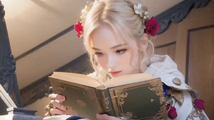 a close up of a person holding a book in a room, Noelle from genshin impact, (best quality,4k,8k,highres,masterpiece:1.2),ultra-detailed,(realistic,photorealistic,photo-realistic:1.37),detailed eyes,detailed face,detailed lips,long eyelashes,beautiful port...