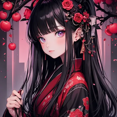 (masterpiece), Highest quality, Ultra-high resolution,Devil with a black ribbon、Vermilion Hair、Vermilion eyes、Vermilion clothes、kimono、Pickled plums、Plum Tree、Surprised face