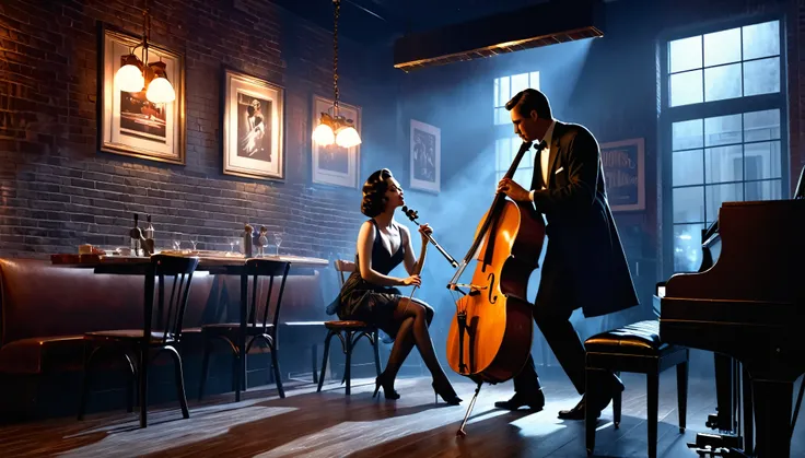 interior of a very smoky vintage parisian jazz club at night, the soft light of the pendant light、a man playing the cello and a ...