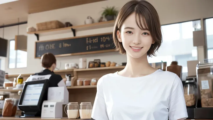 super high quality, Fashion Model, smile, Slenderのネックレス, Slender, The staff is working at the counter in the back., (8k、RAW Photos、Highest quality、masterpiece:1.2), (Realistic、Photorealistic:1.37), Beautiful Face , Urban Cafe, Golden Ratio, Raw photo, Ligh...