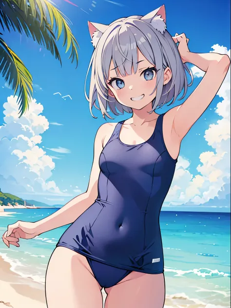 one-piece swimsuit, Ocean, ((One girl)), (evil grin:1.3), (Put your hands behind your head:1.3), Medium chest, (Cat ear), Gray Hair, Bobcut, School Swimsuit, clear, Daytime, Outdoor, (Cowboy shot from the front), ((Highest quality)), ((masterpiece)), (deta...