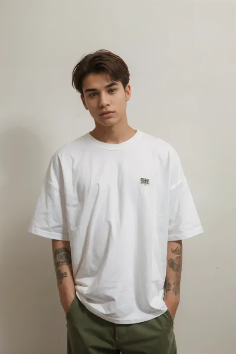 20 year old young man, Brazilian, with plain white shirt, no modelo oversized streetwear, portraite