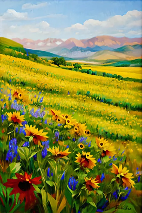 generated an oil painting by picasso of the landscape of a celtic blue coloured sky and a valley of sunflowers