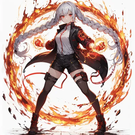 (masterpiece, Best Quality), (detailed hairs), Ultra-detailed, anime like illustration style, Full body, whole body, solo, front view, cute sci-fi agent girl, white hair single braided, tanned skin and red pupils, red spell tattoos on both arms, cyber jack...