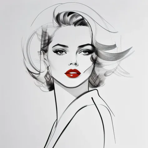 David downton fashion illustration, mustafa soydan drawing, line art sketch on a white background, beautiful woman face portrait, slim figure