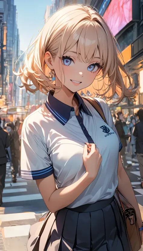 (Highest quality:1.2, Very detailed, up to date, Vibrant, 超High resolution, High Contrast, masterpiece:1.2, Highest quality, Best aesthetics), (((1 girl))), A carefully drawn Shibuya, Background of Shibuya Scramble Crossing, (学校指定のPolo shirt:1.2), Professi...