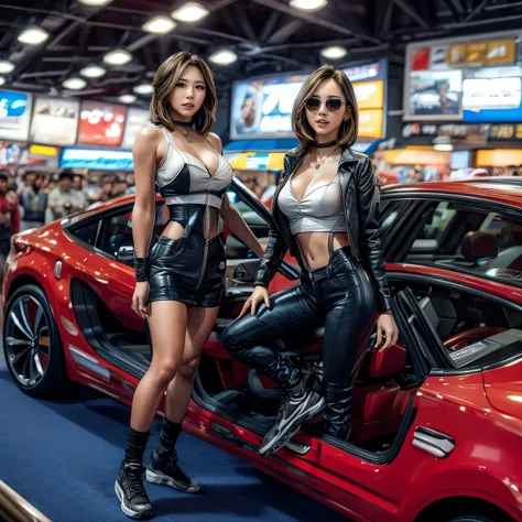 (ExtremelyDetailed((Song Joo A))) clearly visible the shape of Butt, Radiant Ivory Skin with Transparency, motor cycle event girls in sexy costume, Detailed Clothing texture, Full of (motor cycle) . (Full body shot:1.2),Ultra-detailed,grand scale,epic,zoom...