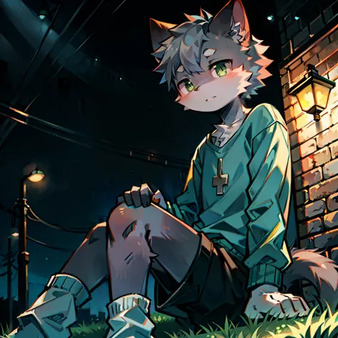 ， cat boy，（Dark grey hair），（Dark gray skin），Green Eyes，Sit cross-legged on the grass，（Wear short white socks），Light blue pajamas and shorts，night，Street Lights，The only person，high quality