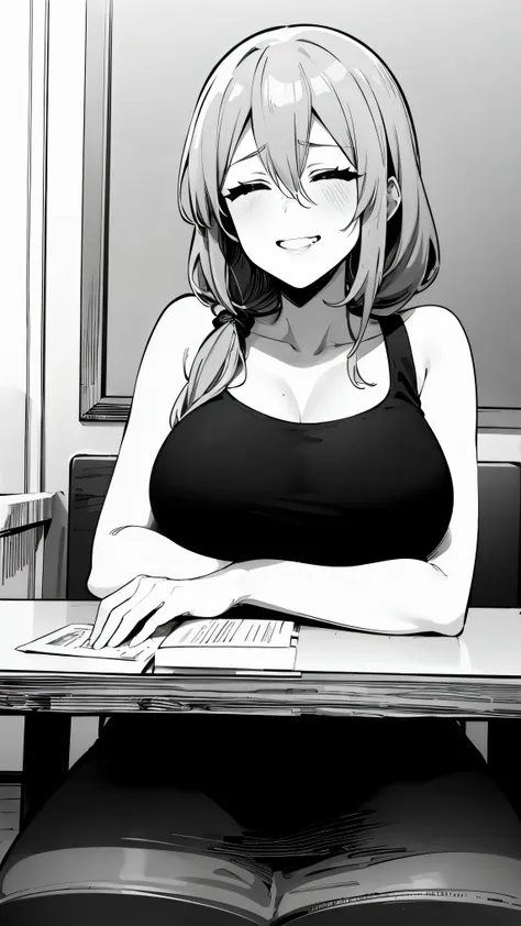 anime girl sitting at a table with her hands folded over her shoulder, cool shading, detailed manga style, black and white manga...