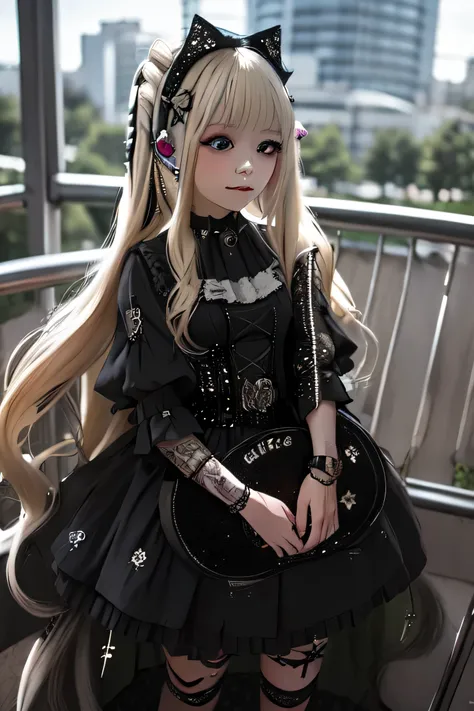 One girl, blonde twin-tail hair, wearing a black gothic long dress (Punk black maids dress in sequinned fabric), lots of metal accessories, playing guitar,cyberpark cityin the background.

