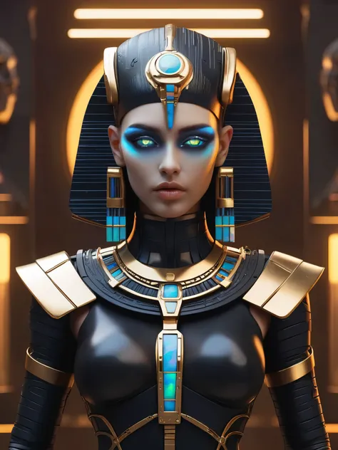 ral-opal, meahophontron, whole body, Woman robot face, futuristic cyberpunk, bust, cleopatra of egypt theme, Egypt background, demonic environment, black clothes, pose frontal