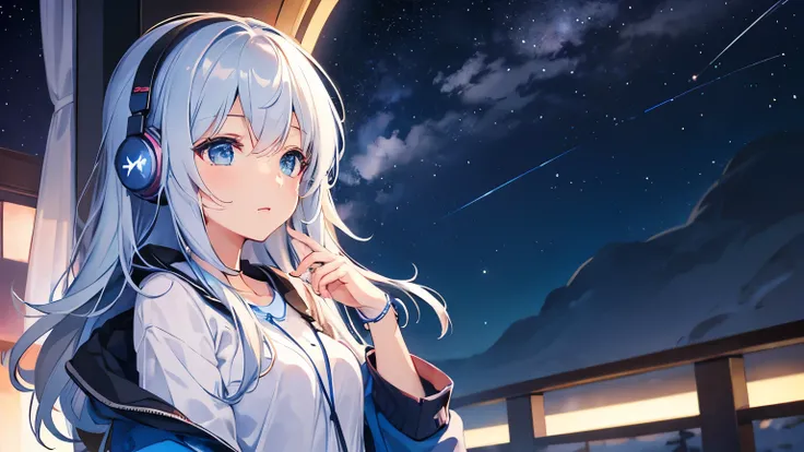 Girl、headphone、Night Sky、Dreaming expression、star、Comfortable relaxation