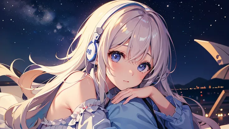 Girl、headphone、Night Sky、Dreaming expression、star、Comfortable relaxation