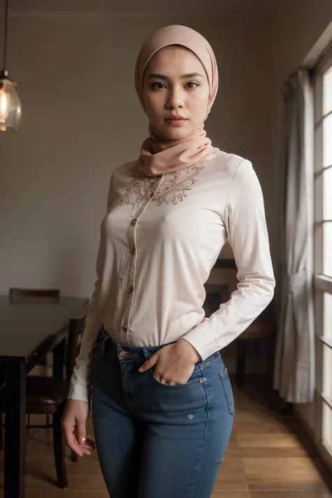 An indonesian woman, 25 years old, wearing Hijab, shirt, skinny jeans, with heel. Best quality, realistic, photorealistic, (intricate detail: 1.2), (fine detail), (cinematic light), clear lines, sharp focus, realistic face, detailed face, unity 8k wallpape...