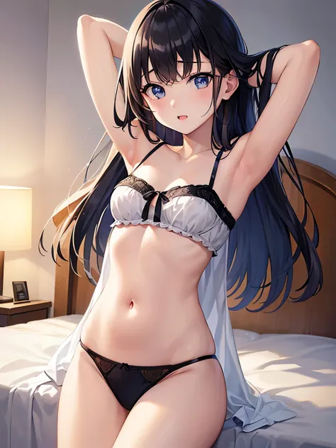 (Highest quality,Masterpiece,high quality:1.2)、woman１people、solo、(Put your arms behind your back:1.3)、from the front、FNSW、R-18、Glossy underwear、20 year old beauty、Slender body、Big Breasts、(((White Babydoll)))、Cute face、belly button、Armpit、Enchanting、(((Bla...