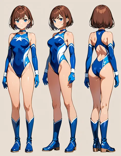 (masterpiece), (best quality), (high res), highly detailed, professional, 1girl, tall body, wonder, superhero, blue choker, blue eyes, blue footwear, blue gloves, matching boots, (blue leotard, competition swimsuit, blue elastic sleeves), medium breasts, b...