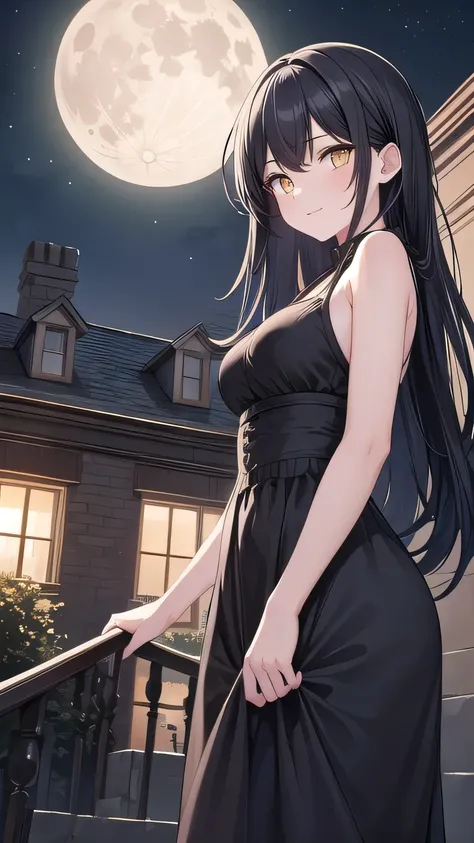 a girl, 20 years old,from below,looking at viewer,long hair,(black hair:1.2), yellow eyes, medium breast, happy,maxi dress, black dress,(night:1.2),moon,outdoor,western style mansion, Best Quality, High resolution, Extremely detailed, Detailed background, ...