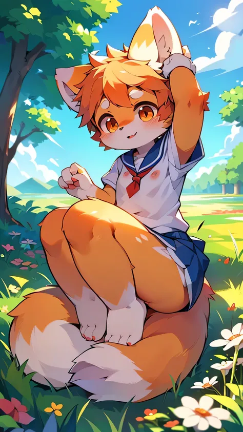 Red Panda Girl,Characteristics of Sailor Suits,super high quality,Very detailed,High resolution,Cute art style in anime,Rice field scenery,(Cheerful teenager,13 years old:1.3),alone,single,Woman with beautiful face,Nipples,Blood