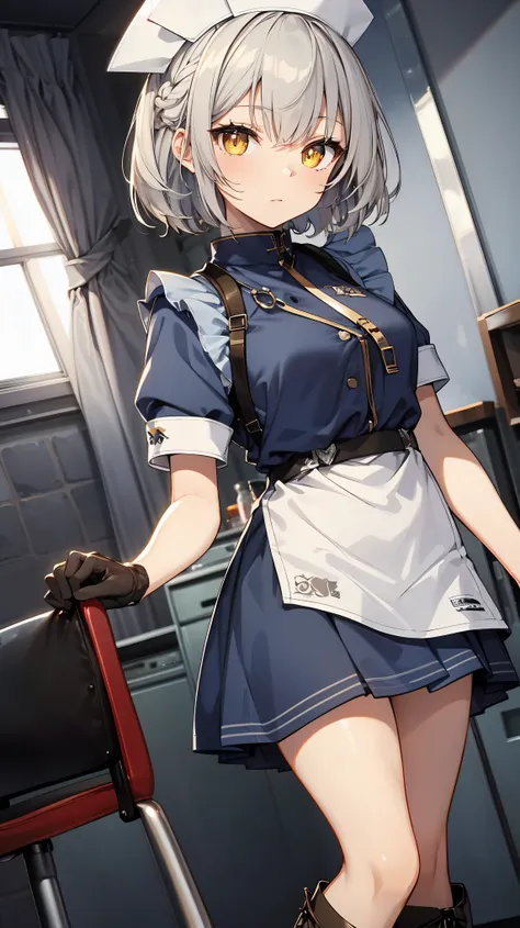 ((chibi)),Himurosena yellow eyes, short hair,gray hair, low length,gloves, blue clothes, apron,midi skirt, lace up boots,nurse cap, armband,masterpiece,Noise Reduction,perfect anatomy,high resolution, ultra-detailed, ultra-detailed face,game cg,dutch angle...