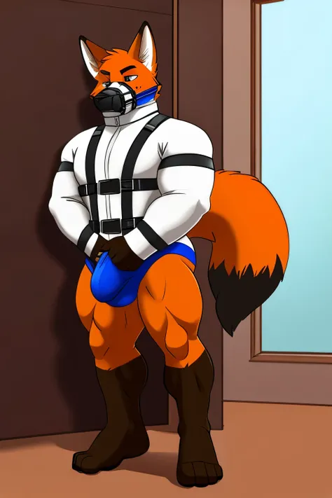 A muscular male fox fursona wearing a straitjacket, amortized with a muzzle, tied feet, with large and defined buttocks, also with a large bulge in the crotch 