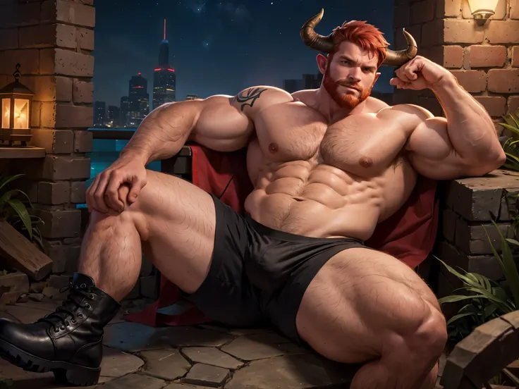 ((1 man)) Beautiful face man, man with bull horns, red hair, bushy red beard, muscular, big pecs, chest hair, pink nipples, Tattoo on belly, with seductive look, big lump, open legs, set in ruins, at night, wearing thongs, bulky thong black boots, shirtles...