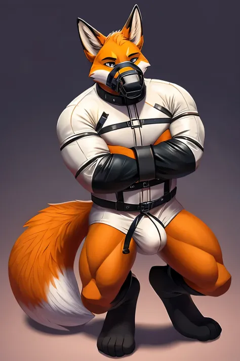 A muscular male fox fursona wearing a straitjacket, amortized with a muzzle, tied feet, with large and defined buttocks, also with a large bulge in the crotch 