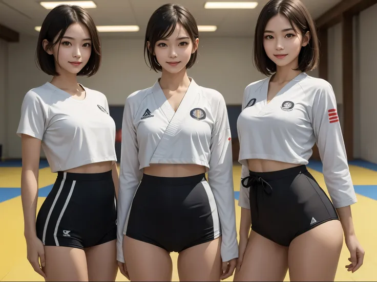 (masterpiece), highly realistic, smiling for the camera, Three slender beautiful female students standing apart from each other, Stylishly designed training wear, high cut bloomers, Short hair and pale skin, (Empty karate hall), (perfect anatomy), 8k Resol...