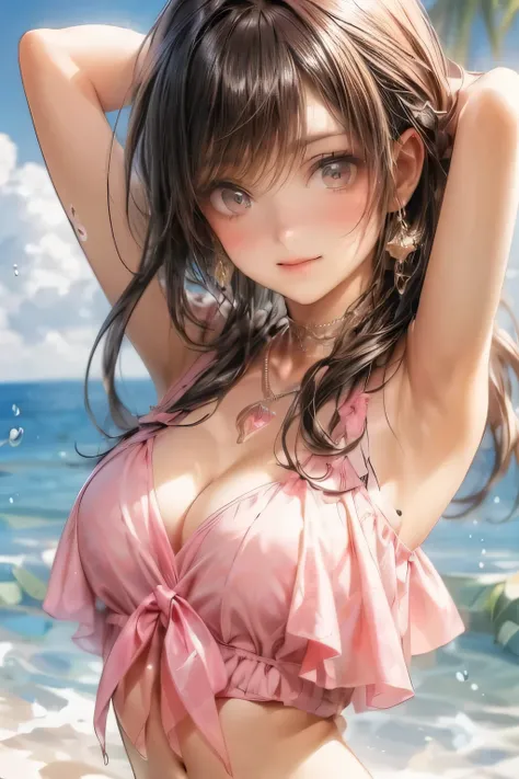 an animated image of the sexy anime girl in a bikini jumping in water, 1girl, solo, swimsuit, breasts, bikini, outdoors, brown h...