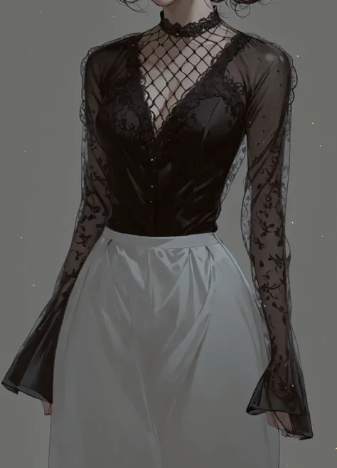 beautiful illustration, ultra-detailed, masterpiece, black lace, twirls, shirt, glitter