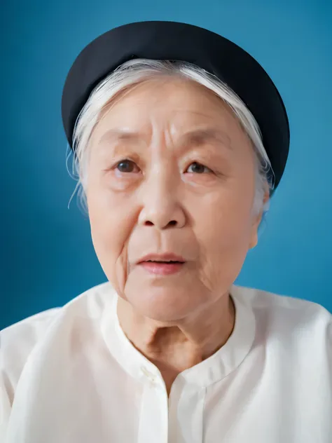 Highly realistic photo, ((masterpiece), (best quality), (raw photo), (photorealistic:1.4), Portrait of a 85 year old Vietnamese woman, ((wearing a Traditional Vietnamese white shirt)) , (white hair)),black head scarf, ((blue background)) , photo taken by S...