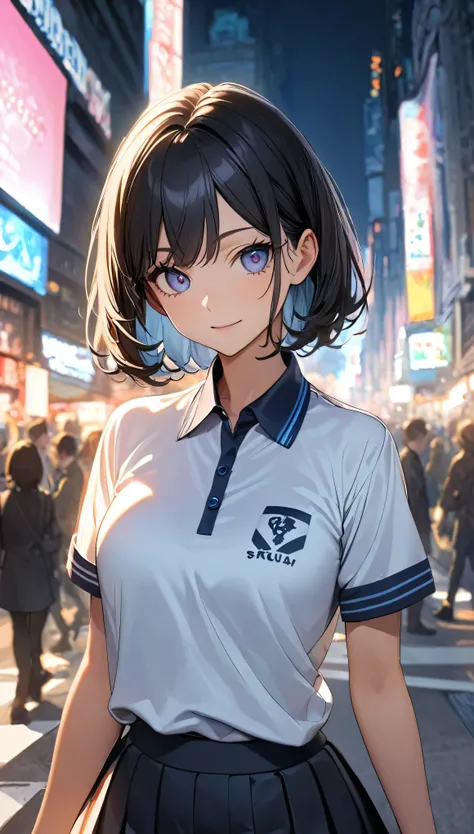 (Highest quality:1.2, Very detailed, up to date, Vibrant, 超High resolution, High Contrast, masterpiece:1.2, Highest quality, Best aesthetics), (((1 girl))), A carefully drawn Shibuya, Background of Shibuya Scramble Crossing, (School-designated polo shirt:1...