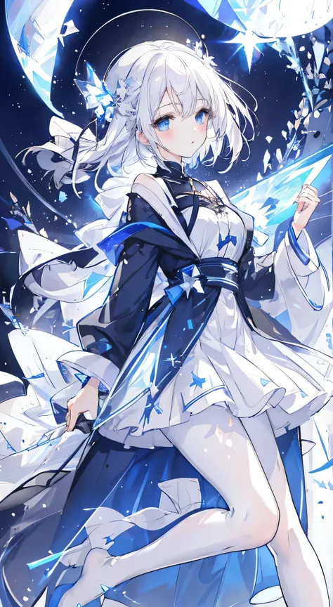 1 girl,Starry Sky, (White with luster (transparency:1.4) Open pantyhose), moon, Beautiful style,Blurred foreground,spark,White hair,blue eyes,No shoes allowed,cross_leg,