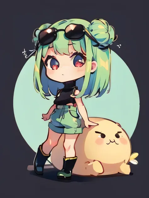 (highres), (best quality), (detailed), (chibi art style)1 girl, alone, medium hair, pastel green hair, twin buns, surprised, vio...