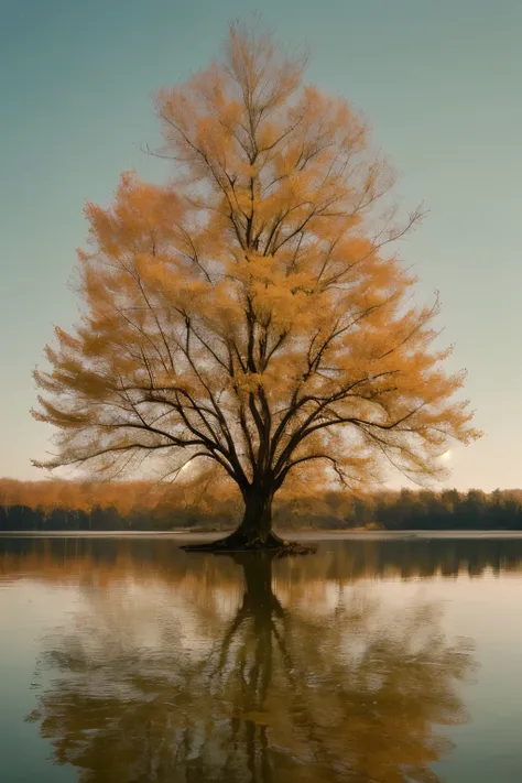 a lone tree in the middle of a body of water, breathtaking beautiful trees, breath - taking beautiful trees, autumn tranquility,...