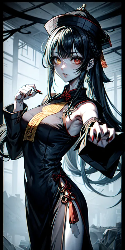 lora:flat:-1.2, masterpiece, best quality, 4k, 8k, 1 woman, solo, pale skin, tall stature, long hair, blunt bangs, side braid, black hair, ugly face, bad face, bad eyes, droopy eyes, unclear eyes, ruby red eyes, lemon yellow eyes, pale skin, black eyeliner...