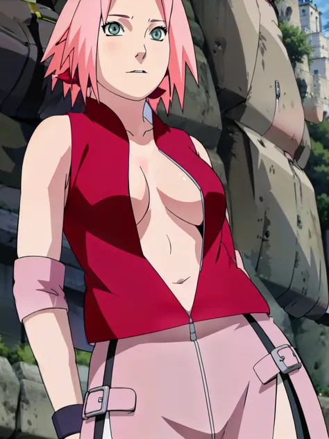 Sakura Haruno showing her belly with open zipper and open top showing her sexy breasts