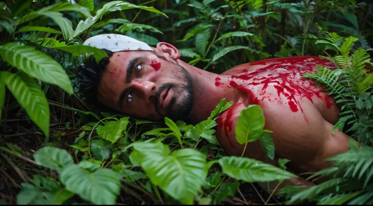 Man Covered in Blood in Vegetation