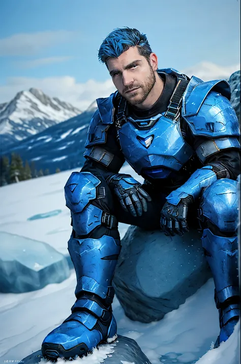  extreme close-up, close-up on face, man, sitting on a rock, futurist neon armor , blue hair and blue stubble, snowy landscape with ice crystals. (best quality, 4k, 8k, high resolution, masterpiece: 1.2, Ultra detailed) Very detailed face, detailed facial ...