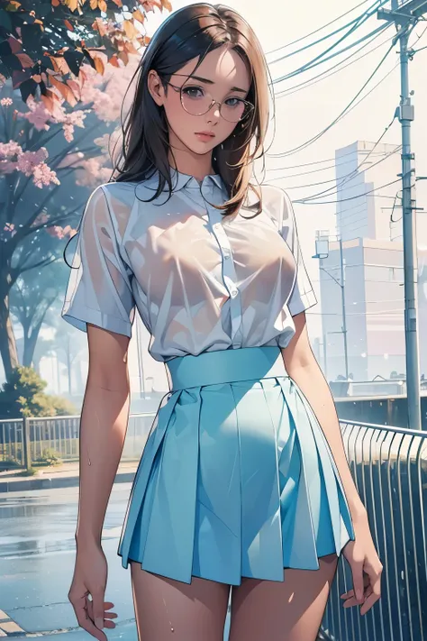 18 years old girl, (((at park))), (transparent white shirt), (wet shirt), (mini skirt), (pastel blue skirt), RAW photo, (photorealistic:1.37, realistic), highly detailed CG unified 8K wallpapers, 1girl, ((slender body:1)), (small breasts:1.3), looking at v...