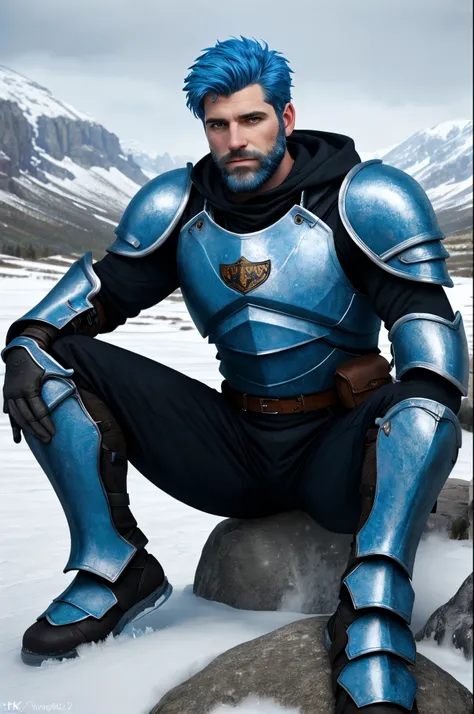  man, sitting on a rock, armor, blue hair and beard, snowy landscape with ice crystals. (best quality, 4k, 8k, high resolution, masterpiece: 1.2, Ultra detailed) Very detailed face, detailed facial features