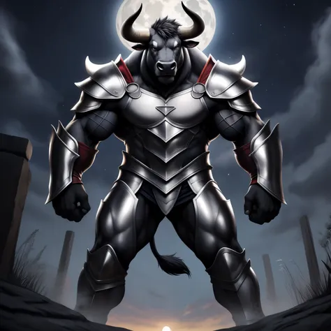 upload on e621, by allandox, anthro, male, (((detailed fluffy fur))), detailed realistic painting, (((biceped))), (((shaded))) extreme detail, ((bull, medium length horns)), muscular, ((stoic expression:1.3)), full moon background, full body perspective, b...