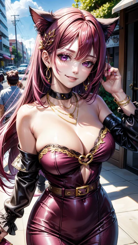 Magenta hair, brown eyes, older woman, sexy clothes, hair jewel ornament, cat ears, necklace, long hair, smiling face, gold clothes