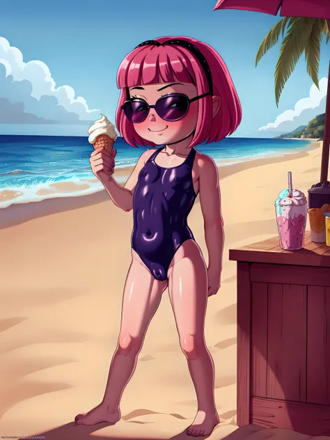 (loli:1.8), Stephanie, on the beach, , small breasts, sunglasses , cameltoe, standing, horny, seductive, smirk, blush, pink hair, eating ice-cream, school swimsuit , by shadman 