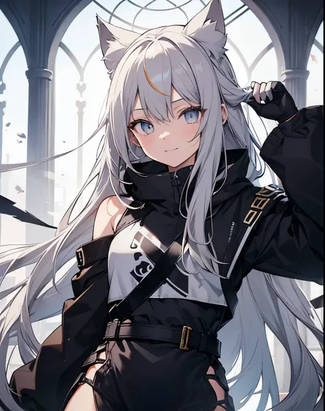 1girl, {alone}, Upper Body ,{{ {Looking at viewer}}}, neko ears, cat ears, Arms at your sides, Concept Art, white returnground, simple returnground, Gray Hair, Silver Gradient Hair , Complex fabric, Asymmetrical clothing, Virtual YouTuber, highest quality,...