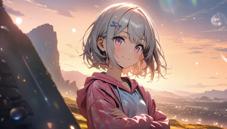 one girl, silver short hair and bob hair、I tied my hair in a bun with a hair clip..、beautiful pink eyes、smile、gentle smile on her face、flat chest, one Beautiful girl,((masterpiece, illustration, best quality) ((ultra-detailed))mountainous horizon,She is we...