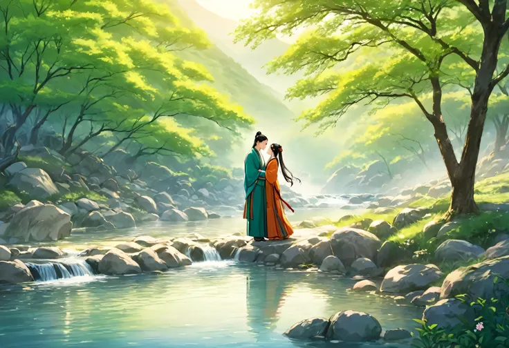 ancient china, spring morning with green trees, in the foot of a mountain there is a stream, a man and a woman wearing hanfu standing on the bank of the stream kissing and hugging each other, the man is much higher than the woman