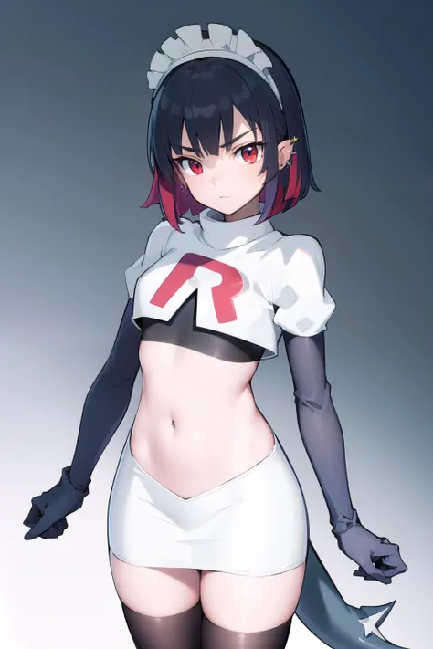 ellenjoe, ellen joe, black hair, colored inner hair, multicolored hair, (red eyes:1.3), red hair, short hair, two-tone hair,
BREAK ear piercing, fins, fish tail, maid headdress, piercing, shark girl, shark tail, tail, two-tone hair, team rocket,team rocket...