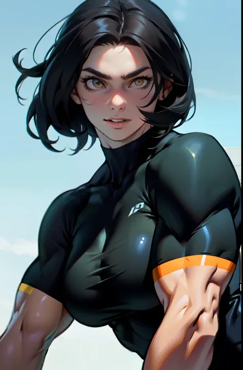 joyful gleaming eyes black hair yellow eyes pale skin sharp focus muscular girl massive breasts muscular girl solo